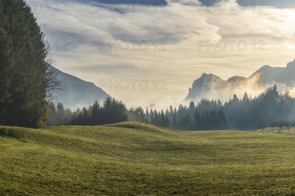 A serene view of rolling green meadows surrounded by dense forests and misty mountains in Geroldsee, Bavarian Alps The soft morning light creates a calm and tranquil atmosphere