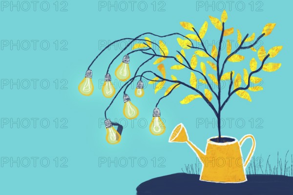 An imaginative illustration of a tree growing from a watering can, its branches bearing light bulbs as fruit, symbolizing creativity, growth, and innovation