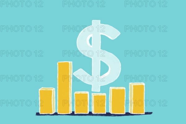 A yellow bar chart with varying heights sits against a teal background, dominated by a large dollar symbol. This illustration symbolizes financial growth and economic progress