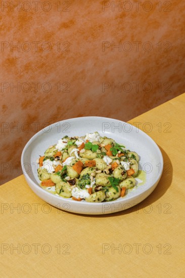 Top view of a savory Italian dish featuring gnocchi with vibrant green pesto, walnuts, parmesan cheese, and leafy herbs beautifully presented on a white plate against a colorful background