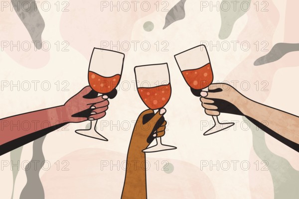 An artistic illustration depicting three hands raising wine glasses in a toast, symbolizing celebration and unity The abstract background adds a festive atmosphere