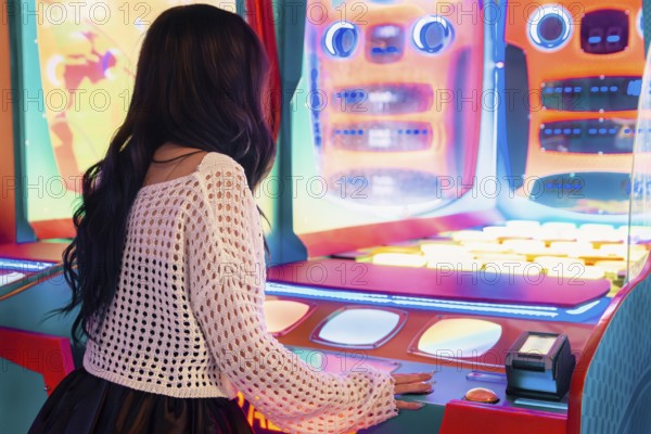 Girl enjoys her time playing at a vibrant, colorful arcade game The bright lights and lively atmosphere capture the excitement and fun of gaming