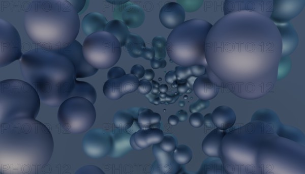 A 3D rendered image featuring clusters of fluid, overlapping spheres in muted blue tones, creating a serene abstract background