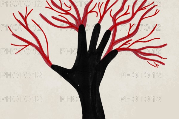 This illustration creatively combines a hand silhouette with branching red veins on a neutral background, symbolizing health, growth, and vitality in an artistic style