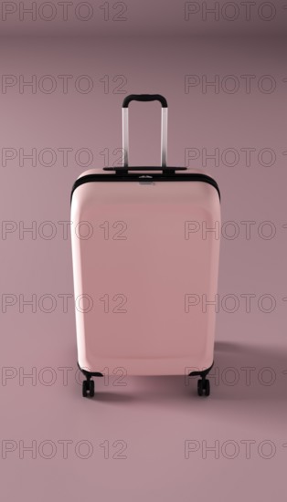 A 3D-rendered front view of a stylish pink suitcase with wheels and an extended handle, showcasing its sleek design. Perfect for travel or luggage-themed designs
