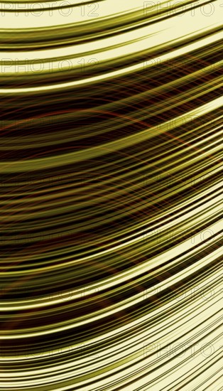 This image displays a vivid 3D render of flowing golden lines, creating a hypnotic, dynamic holographic effect, ideal for futuristic or tech-themed projects