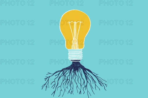 Illustration of a yellow light bulb with black roots on a blue background, symbolizing innovation and growth. Perfect for themes of creativity, inspiration, and development