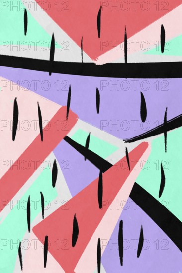 This vibrant minimalistic illustration features geometric shapes in pastel colors intersected by bold black brush strokes, offering a fresh and modern aesthetic