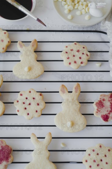 Top view of Easter bunny-shaped cookies delicately painted with hibiscus tea on a cooling rack. The image captures the intricate details of the natural pink hues decorating each cookie