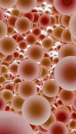 This is a detailed 3D render portraying multiple layers of spherical balls in varying shades of pink and white. Each sphere features subtle texture differences and varying focal blur, creating a visually mesmerizing depth effect