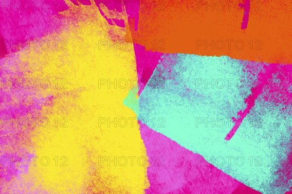 This abstract image features a vivid array of textured, overlapping colors including pink, orange, blue, and yellow, ideal for impactful, eye-catching backgrounds