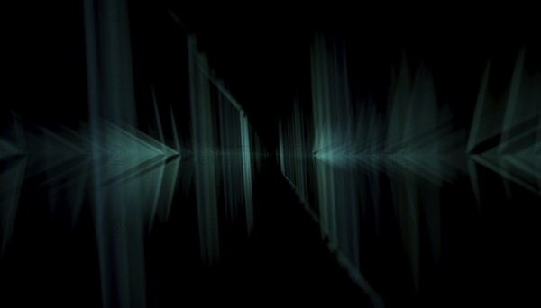 This image renders dark green abstract geometric shapes meeting in a 3D digital space, creating a futuristic environment