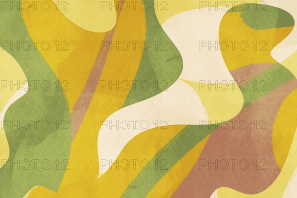 This abstract background features organic shapes in a palette of soft yellows, greens, and browns, creating a soothing and harmonic visual experience suitable for various design and art projects