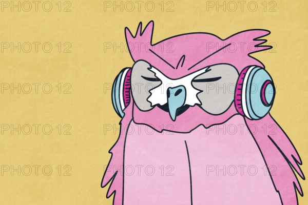 This vibrant illustration features a pink owl with closed eyes wearing headphones, set against a mustard yellow background The whimsical design evokes a sense of calm