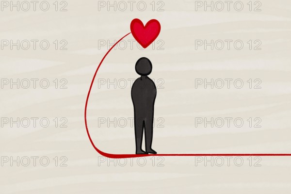 A minimalistic health illustration featuring a black silhouette figure connected to a red heart by a line, symbolizing the connection between body and heart health