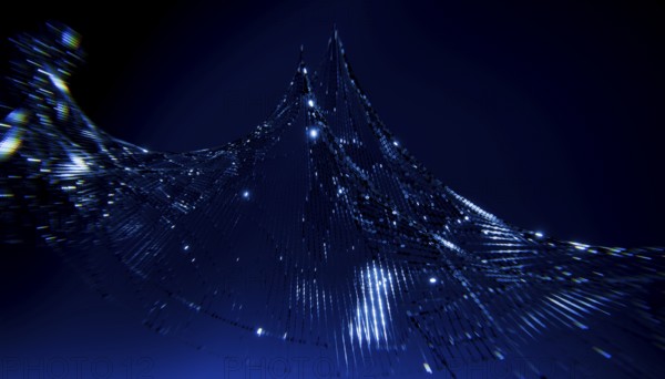 A mesmerizing 3D illustration depicting a wave of binary code, illuminated against a deep blue background. This digital artwork embodies futuristic and technological concepts