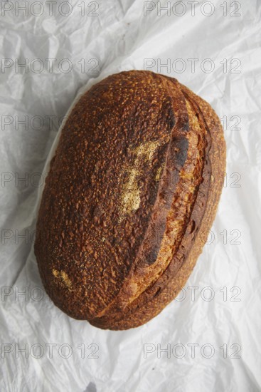 Top view of a freshly baked sourdough bread with a crusty top, resting on crumpled white paper