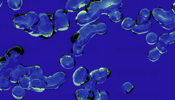 A digital artwork depicting several shiny 3D forms resembling blue liquid shapes floating ethereally against a deep blue background, creating a surreal visual impression