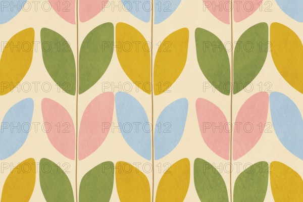 A vibrant abstract background featuring a symmetrical leaf pattern in retro pastel colors. Ideal for wallpapers, fabric designs, and decorative art projects emphasizing a nostalgic aesthetic