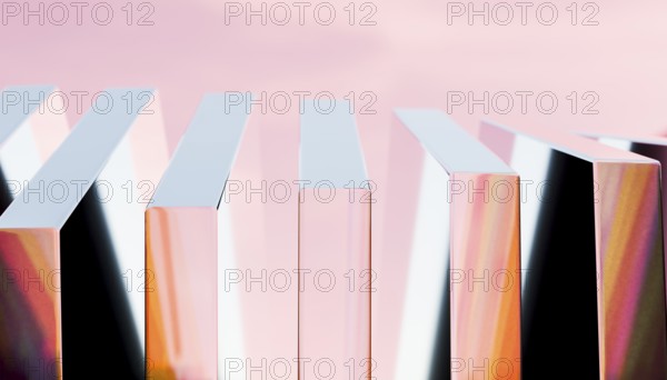 A captivating 3D render showcasing sleek metal and crystal blocks with reflective surfaces, set against a soft pink gradient background, creating a harmonious abstract design