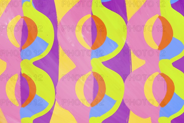 This colorful abstract illustration features a vibrant geometric pattern with bold shapes and vivid hues of pink, green, orange, and purple, creating a lively visual effect