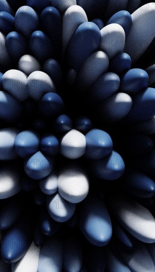 A digital composition featuring tightly packed spheres in varying shades of blue, creating an abstract, textural 3D render