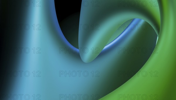 A mesmerizing abstract illustration featuring smooth waves interlocking in shades of blue and green against a vibrant greenish background. Perfect for concepts related to fluidity, movement