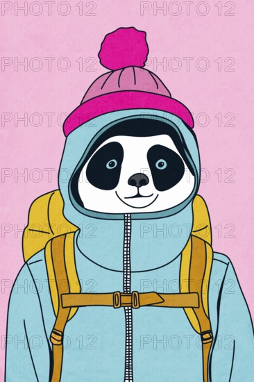 A playful illustration of a panda in a blue winter jacket and pink beanie, carrying a yellow backpack The background is a soft pink, adding a touch of whimsy