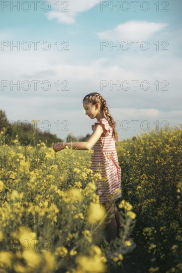 A young girl in a striped dress enjoys a peaceful moment in a blooming yellow flower field. She gently touches the petals, embracing nature, curiosity, and the beauty of childhood outdoors