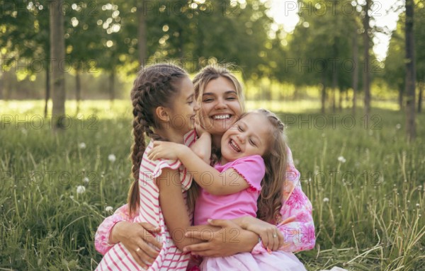 A young mother and two daughters have fun together outdoors in the summer. Family values