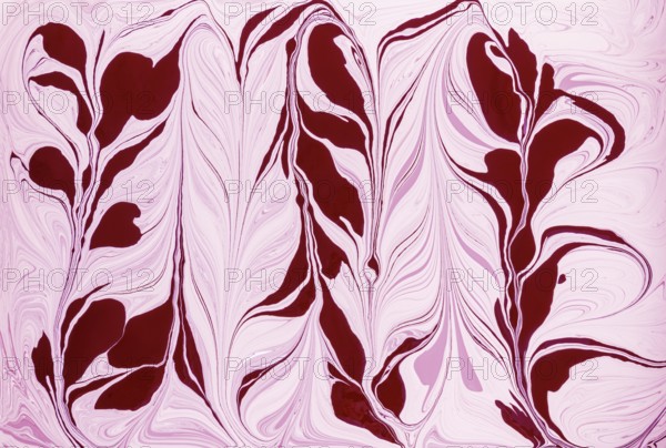 A stunning floral design featuring flowing abstract shapes in shades of red and pink acrylic paint. The swirls create a dynamic sense of movement and fluidity on the canvas