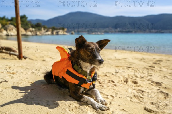 A dog wearing a bright orange life jacket relaxes on a pristine sandy beach in Greece, with clear blue waters and lush, mountainous scenery in the background