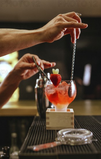 A professional bartender expertly mixes a cocktail in a stylish bar. The scene captures the vibrant colors and meticulous attention to detail in cocktail preparation