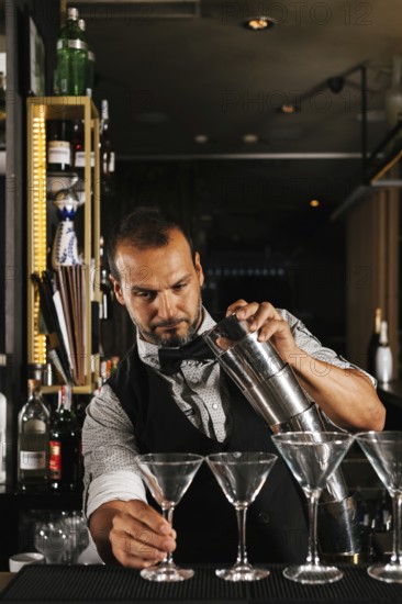 A skilled bartender expertly prepares cocktails in a stylish bar setting, showcasing mixology techniques with precision and flair. Perfect for restaurant or nightlife themes