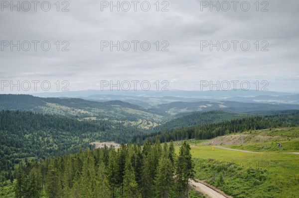 A panoramic view of the lush, green landscape surrounding Bachledka Ski Sun in Zdiar, Slovakia, showcasing rolling hills and dense forests under a cloudy sky, with a distant backdrop of the Belianske Tatras