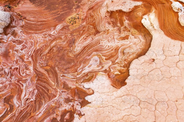 This image captures the stunning and intricate patterns of red and white rock formations, showcasing nature's artistry in swirling, abstract designs that mesmerize and inspire