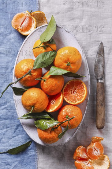 A bowl of vibrant tangerines with green leaves on a rustic table, accompanied by a vintage knife and textured cloth. Whole and sliced fruits create an inviting scene