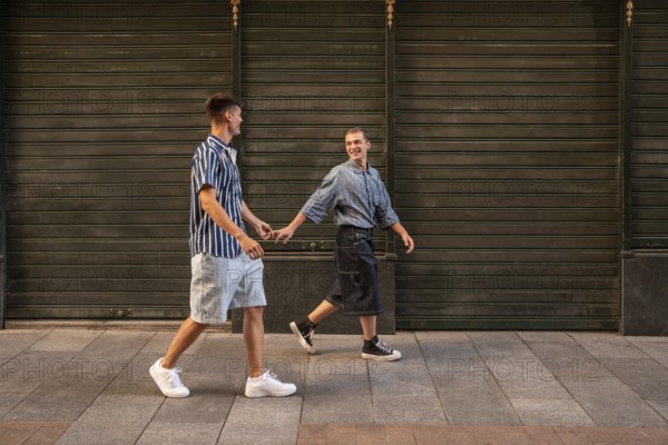 A gay couple enjoying a leisurely walk hand in hand along the charming streets of Madrid, exuding joy and connection in an urban setting