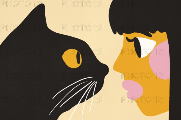 This minimalist illustration captures a tender moment between a woman and a black cat, portrayed with bold, simplified shapes against a pastel backdrop