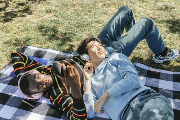 Two friends enjoy a sunny day in the park, lying on a checkered blanket. They are wearing headphones, listening to music, and holding a phone, fully relaxed and content