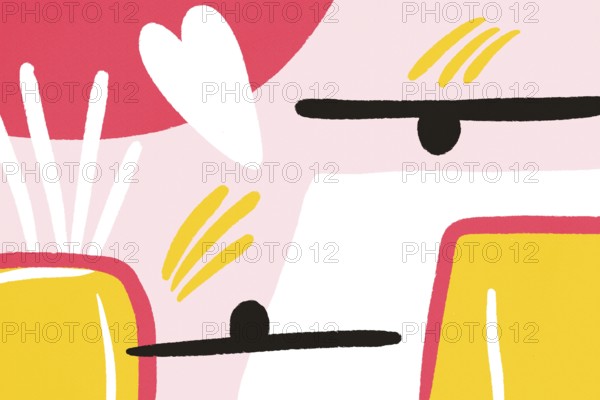 This abstract illustration features a blend of vibrant geometric and organic shapes, including playful lines and symbols against a soft pink background, creating a striking visual effect