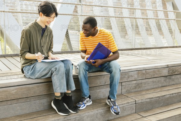 Two young adults study together outside on wooden steps. They are smiling and sharing notes. The atmosphere is casual and friendly, ideal for collaborative learning