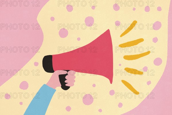 This illustration showcases a hand clutching a bright red megaphone against a soft pink and polka-dotted background, symbolizing communication and announcement