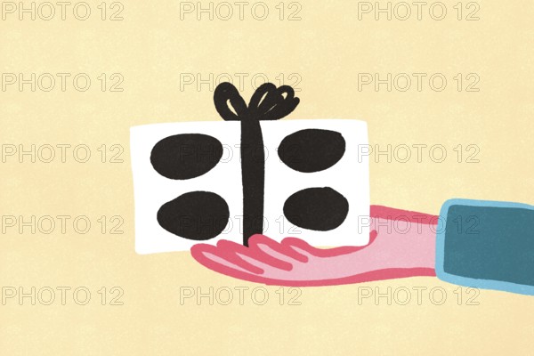 Illustration of a hand gently holding a decorated gift box with bold polka dots and a simple bow on a pastel background