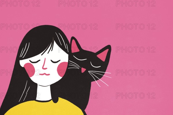 Illustration of a young girl in a yellow sweater being affectionately cuddled by a black cat against a pink background
