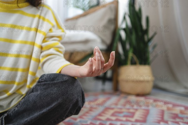 A woman meditates indoors, seated on a colorful rug. Their fingers are poised, surrounded by cozy, warm lighting and lush indoor plants, creating a serene atmosphere