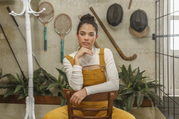 A young woman with a relaxed expression sitting in a wooden chair, dressed in yellow overalls and a white shirt, surrounded by vintage sporting equipment