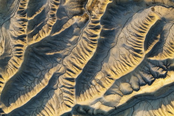 Aerial view highlighting Caineville Mesa's intricate desert patterns. Sunlight casts a warm golden hue, enhancing the natural beauty of erosion and geological formations