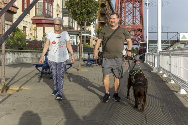A blind man and senior woman walks their guide dog along a sunny urban street with a prominent landmark in the background. They enjoy an afternoon stroll, showcasing casual and relaxed city life