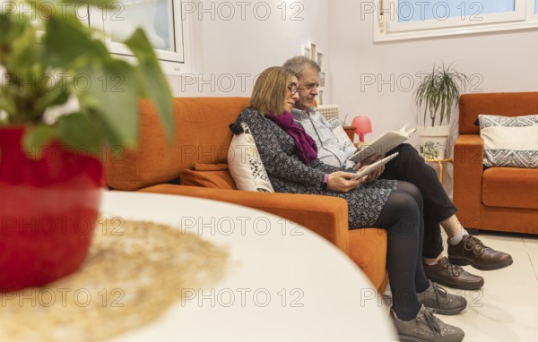 A couple with intellectual disabilities enjoys a relaxed time together in a supervised home, reading on a comfortable orange sofa. A red potted plant adds a touch of nature to the cozy scene